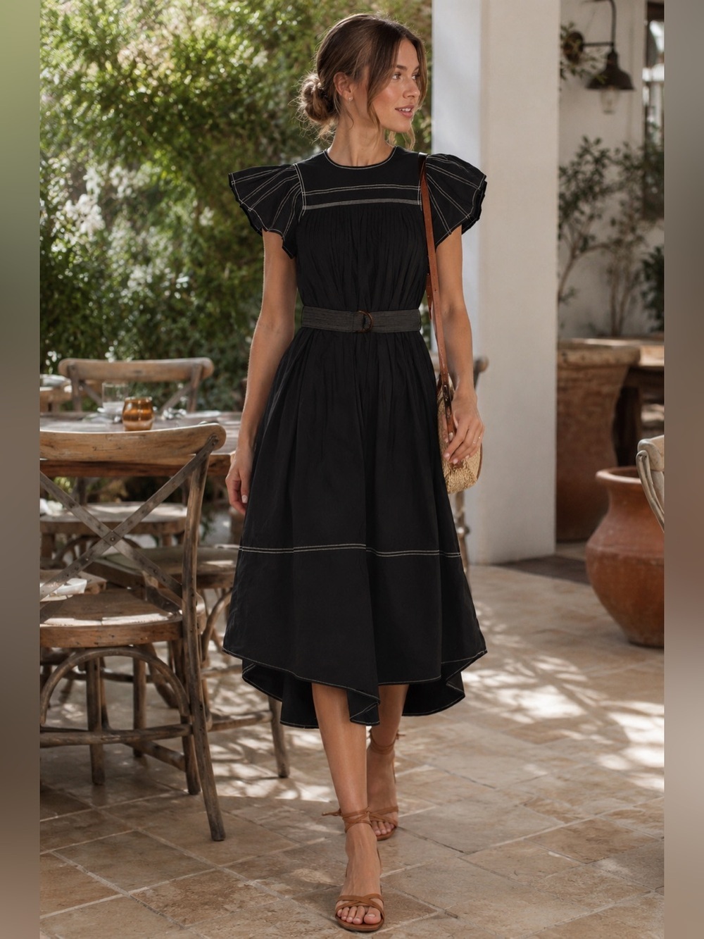 Ulla Johnson Kady Midi Dress SZ 00 Black Contrast Stitch Designer